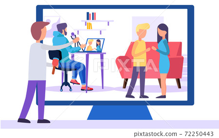 Man on screen is processing the video. Guy paints the monitor. People playing rock-paper-scissors Man on screen is processing the video. Guy paints the monitor. People playing rock-paper-scissors 72250443