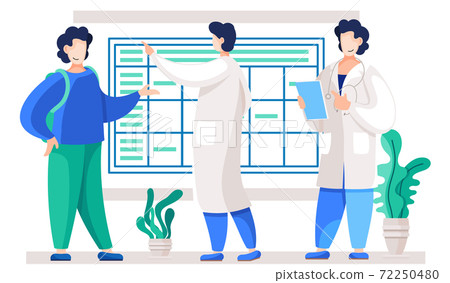 Man in a white coat reads from a sheet of paper. Guys communicate and look at the work plan 72250480