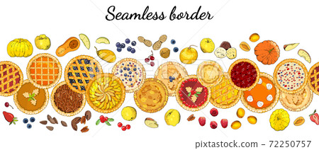 Seamless border with pies, fruits, nuts, apples, pumpkins, berries. 72250757