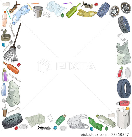 Template with different kinds of garbage and bags isolate on white. 72250897