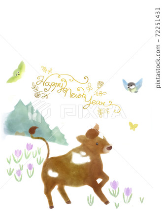 <Ox New Year's card> A young cow running in the field, a white-eye and a great tit watching over (Happy New Year cursive) <Ox New Year's card> A young cow running in the field, a white-eye and a great tit watching over (Happy New Year cursive) 72251431