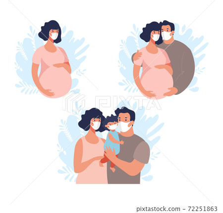 A family with a child, a pregnant woman, people in medical masks, protection against the spread of coronavirus. Vector flat cartoon characters isolated on white background. 72251863