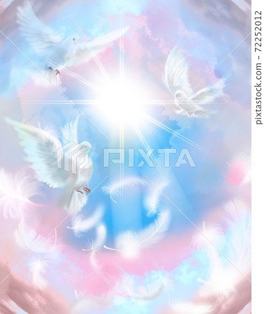 三隻白鴿在通向天堂，藍天和陽光的雲梯周圍飛行的背景畫 72252012