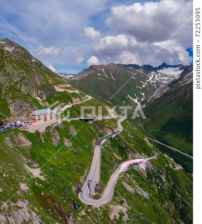 Aerial view of the alpine road through Furka Pass, Switzerland Aerial view of the alpine road through Furka Pass, Switzerland 72253095