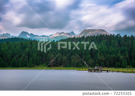 Footbridge over the Lake of Staz near St. Moritz in Switzerland 72253101