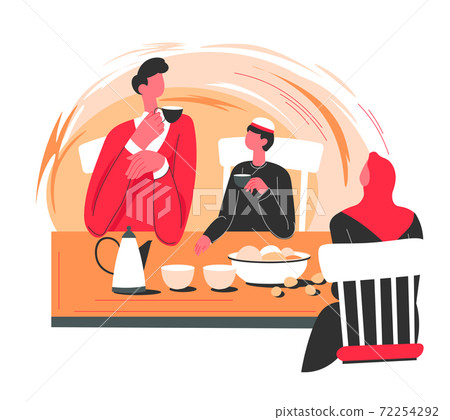 Muslim characters drinking tea or coffee by table 72254292