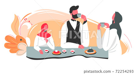 Muslim family at home drinking tea and talking 72254293