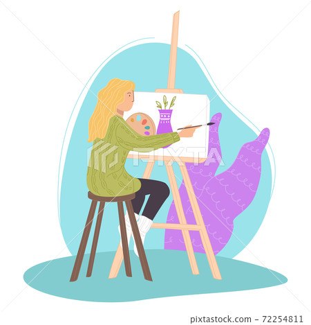 Artist painting still nature, lady with easel Artist painting still nature, lady with easel 72254811