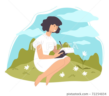 Female character drawing flower in notebook vector 72254834