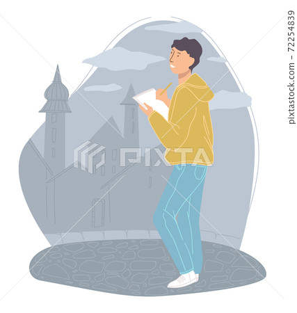 Male character sketching castles or cityscape Male character sketching castles or cityscape 72254839