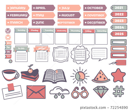 Calendar and decorative stickers labels for diary 72254890