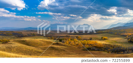 Vast prairie and forest in beautiful autumn. Sunlight passing blue sky and clouds on mountains. Fall color landscape background. Waterton Scenic Spot, Waterton Lakes National Park, Alberta, Canada. 72255899