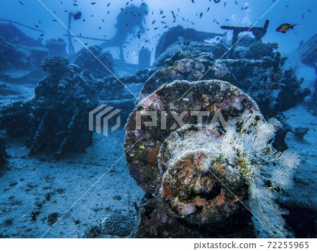 Iron lifting mechanism covered with corals on a sunken ship against blurred silhouette of a diver 72255965