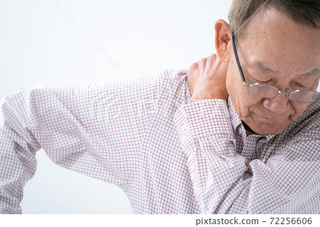 Senior man suffering from stiff shoulders front up Senior man suffering from stiff shoulders front up 72256606