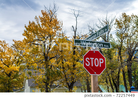 Waterton Village. Town street signpost in autumn season morning. Waterton Lakes National Park, Alberta, Canada. 72257449