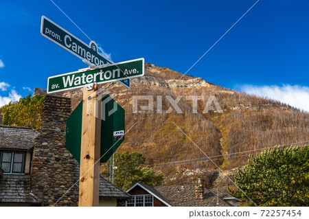 Waterton Village. Town street signpost in autumn season morning. Waterton Lakes National Park, Alberta, Canada. 72257454