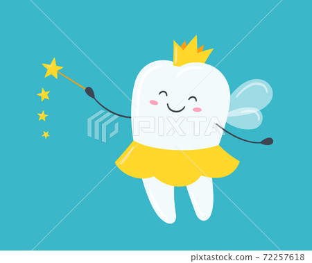 Children tooth fairy. Cute tooth with wings, a crown and a magic wand. Vector illustration Children tooth fairy. Cute tooth with wings, a crown and a magic wand. Vector illustration 72257618