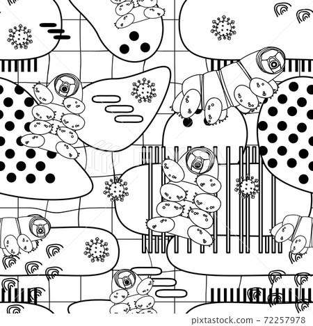 Black white Tardigrade, water bears or moss piglets vector repeat seamless pattern with lines and dots 72257978