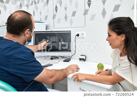 people, medicine, stomatology and health care concept - happy male dentist showing work plan to woman patient at dental clinic office people, medicine, stomatology and health care concept - happy male dentist showing work plan to woman patient at dental clinic office 72260524