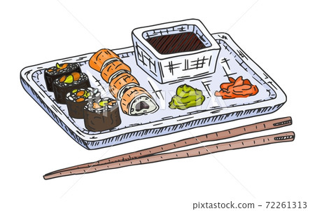 delicious Japanese sushi on a tray and soy sauce delicious Japanese sushi on a tray and soy sauce 72261313