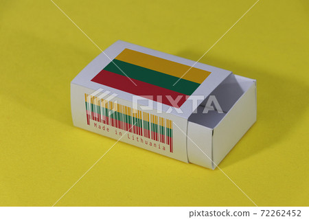 Lithuania flag on white box with barcode and the color of nation flag on yellow background Lithuania flag on white box with barcode and the color of nation flag on yellow background 72262452