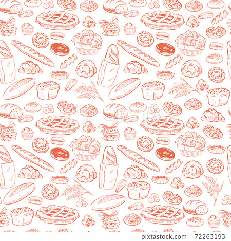 Vector seamless pattern with bakery goods - pie, bread, cookie, donut, croissant - outline isolated objects on white background. Hand drawn sketch style. Vector illustration. Packaging wrapping paper. 72263193
