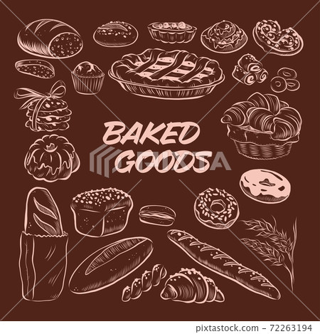 Collection of hand drawn baked goods outline bread, cookies, donuts, cupcakes, buns objects isolated on dark background. Freehand drawing, sketch style. Vector illustration. 72263194