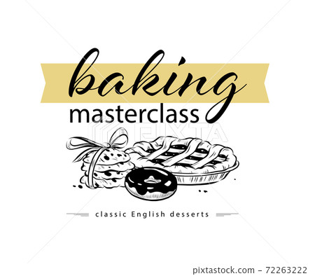 Baking masterclass emblem design with hand drawn pie, donut and cookies illustration. Baking masterclass emblem design with hand drawn pie, donut and cookies illustration. 72263222