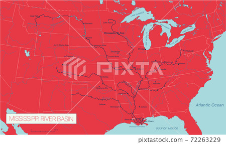 Mississippi River Basin in the USA detailed editable vector map Mississippi River Basin in the USA detailed editable vector map 72263229