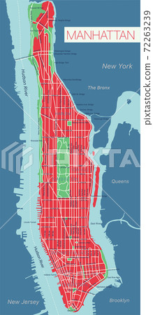 Lower and Mid Manhattan in New York detailed editable vector map 72263239