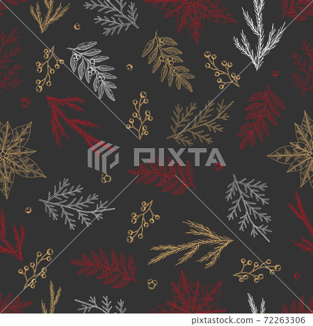 Xmas Seamless pattern with Christmas Tree Decorations, Pine Branches hand drawn art design vector illustration. Xmas Seamless pattern with Christmas Tree Decorations, Pine Branches hand drawn art design vector illustration. 72263306