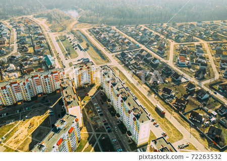 Gomel, Belarus. Aerial Bird's-eye View Of Residential Multi-storey Houses And Small Suburb Houses. Cityscape Skyline In Sunny Spring Day Gomel, Belarus. Aerial Bird's-eye View Of Residential Multi-storey Houses And Small Suburb Houses. Cityscape Skyline In Sunny Spring Day 72263532