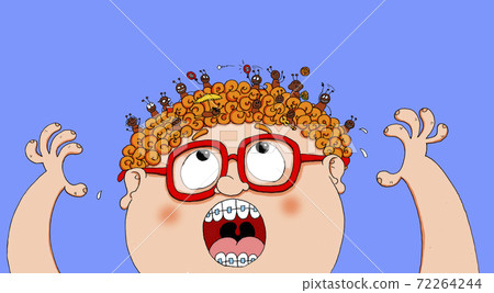 Childish illustration of a boy with a lot of lice in his hair Childish illustration of a boy with a lot of lice in his hair 72264244