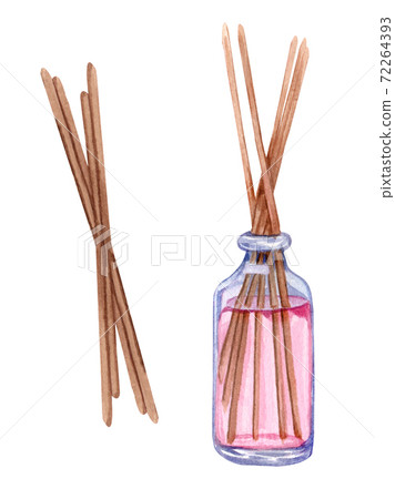 Set of spa objects, natural stones, bath salt, soap, candkes, water droplets. watercolor illustration 72264393