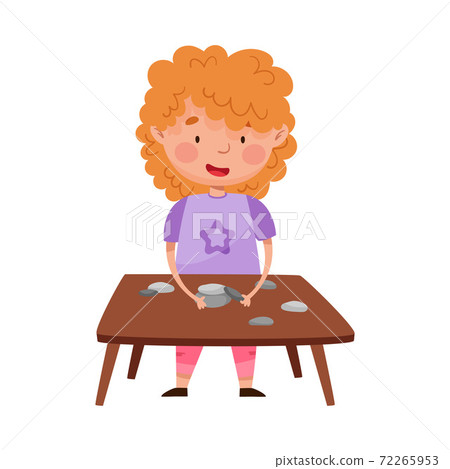 Red Haired Girl at Desk Playing with Pebbles Vector Illustration 72265953