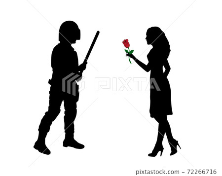 Silhouettea woman gives flower to policeman Silhouettea woman gives flower to policeman 72266716