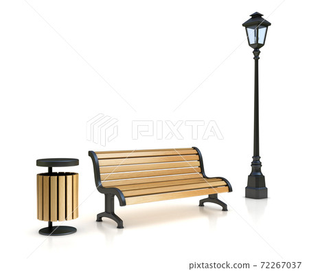 park bench, street lamp and trash can 3d illustration park bench, street lamp and trash can 3d illustration 72267037