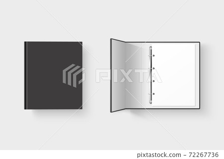 Vector 3d Closed and Opened Realistic Black Blank, Empty Office Binder Set with Metal Rings for A4 Paper Sheet Closeup Isolated on White Background. Design Template, Mockup, Top View 72267736