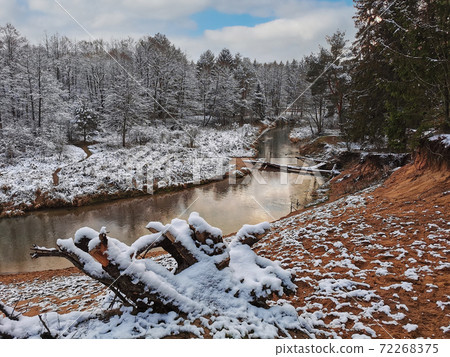 Beautiful winter landscape of forest river Isloch, Minsk region, Belarus. High quality photo by phone. Beautiful winter landscape of forest river Isloch, Minsk region, Belarus. High quality photo by phone. 72268375