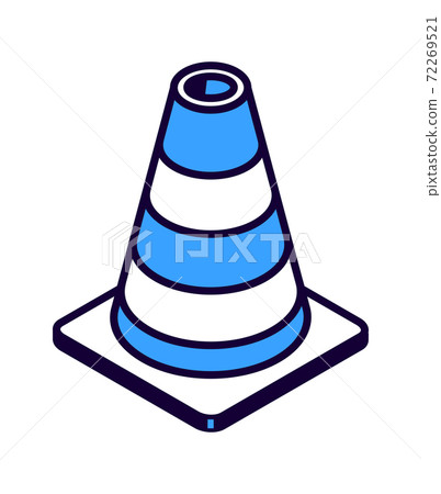 Striped road cone isometric icon, road works 72269521