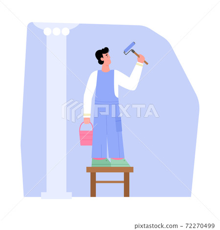 Painter decorating walls with dye and roller flat vector illustration isolated. Painter decorating walls with dye and roller flat vector illustration isolated. 72270499