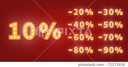 Sale discount marquee numbers. 3d vector set of gold light bulb numbers. Promotion sale price template Sale discount marquee numbers. 3d vector set of gold light bulb numbers. Promotion sale price template 72271838