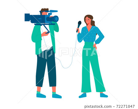 Videographer with TV presenter conducts direct reporting from the place of events. Videographer with TV presenter conducts direct reporting from the place of events. 72271847