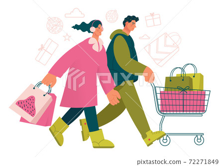 Group of stylish people going with shopping cart to by gifts on New Year or Christmas. Group of stylish people going with shopping cart to by gifts on New Year or Christmas. 72271849