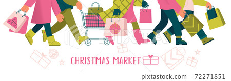 Banner with group of stylish people going with shopping cart to by gifts on New Year or Christmas. 72271851