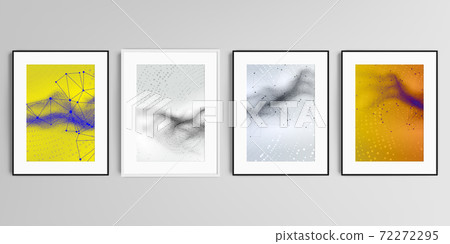Realistic vector set of picture frames in A4 format isolated on gray background. Colorful wavy particle surface background for technology or science cyber space concept. 72272295