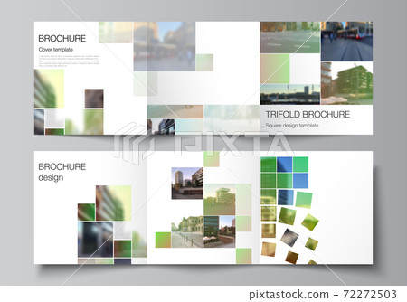 Vector layout of square format covers design templates for trifold brochure, flyer, cover design, book design, brochure cover. Abstract project with clipping mask green squares for your photo. 72272503