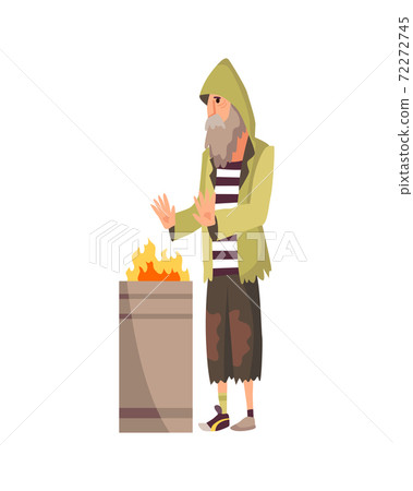 Homeless people. Sad jobless people in dirty clothes begging money and needing help. Unemployment men needing help. Beggar bum or vagrant homeless adult man near barrel with fire Homeless people. Sad jobless people in dirty clothes begging money and needing help. Unemployment men needing help. Beggar bum or vagrant homeless adult man near barrel with fire 72272745