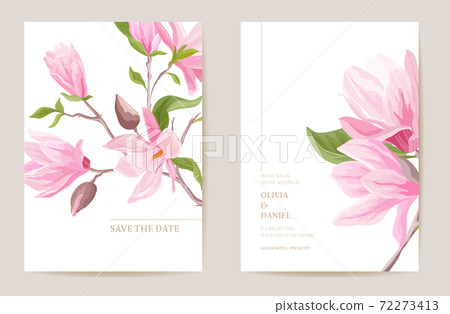 Wedding invitation magnolia flowers, leaves card. Watercolor floral minimal template vector 72273413