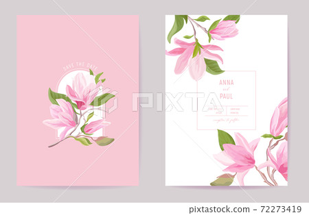 Wedding tropical floral vector card. Magnolia flowers, leaves spring invitation. Watercolor template frame 72273419